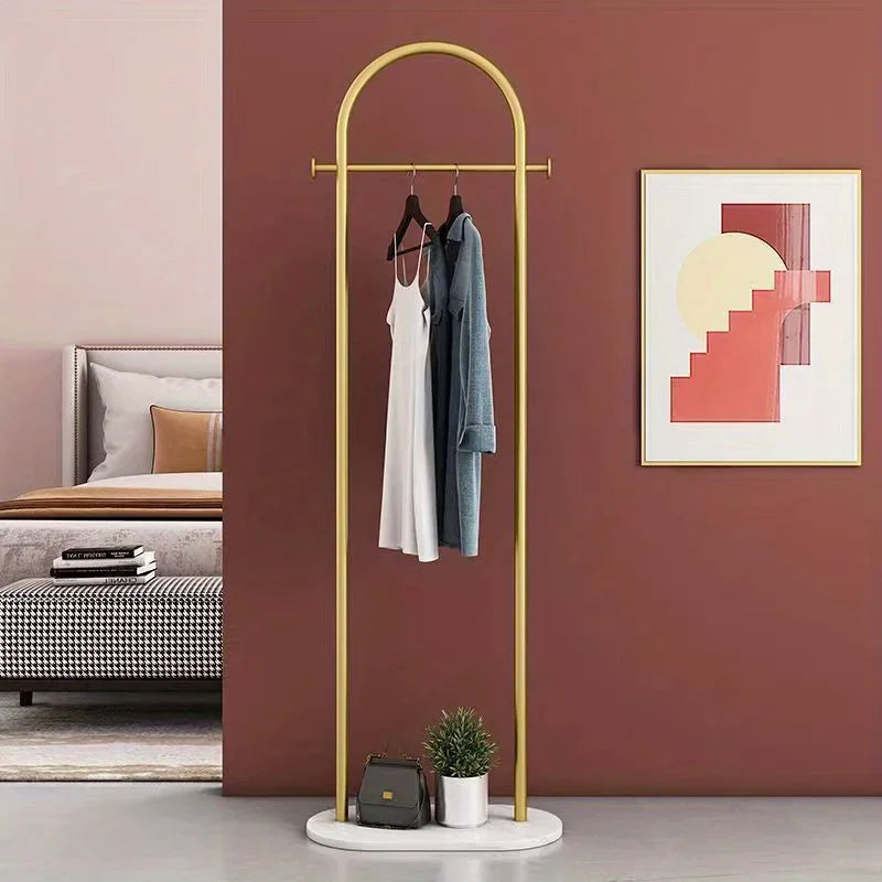 Metal Free Standing Clothes Hanger with Marble Base - Uncharged, Minimalist Bedroom Floor Mount Coat Rack with Storage Shelf