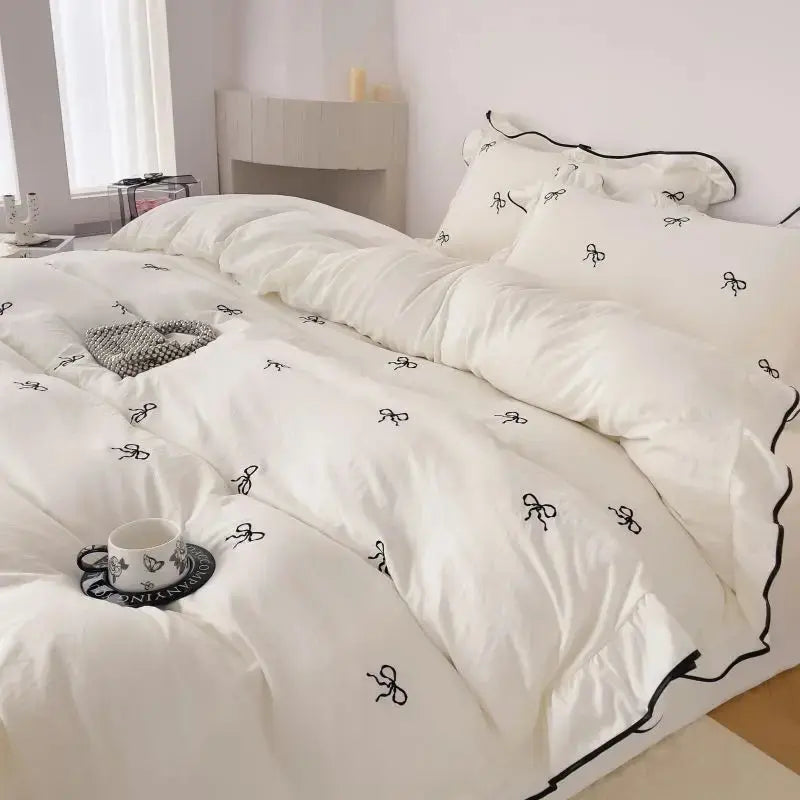 3pcs bow embroidery Bedding set ruffles Duvet Cover Set (1*Duvet Cover + 2*Pillowcase, Without Core)for bedroom guest room