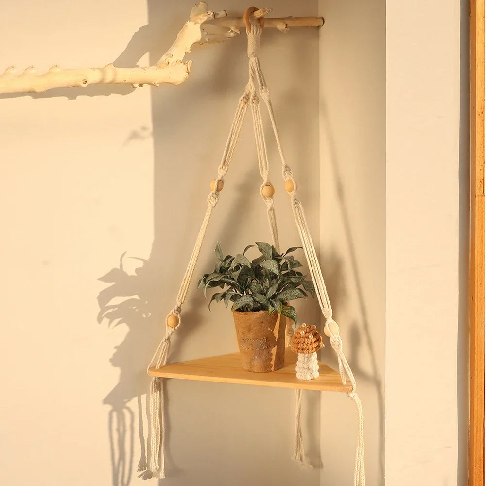1/2/3-tier Floating Wall Shelf Wood Triangle Corner Display Stand Boho Home Decoration Living Room Bedroom Wall Hanging Decor