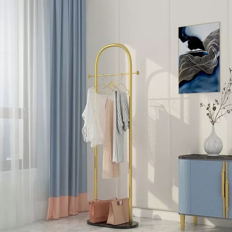 Metal Free Standing Clothes Hanger with Marble Base - Uncharged, Minimalist Bedroom Floor Mount Coat Rack with Storage Shelf