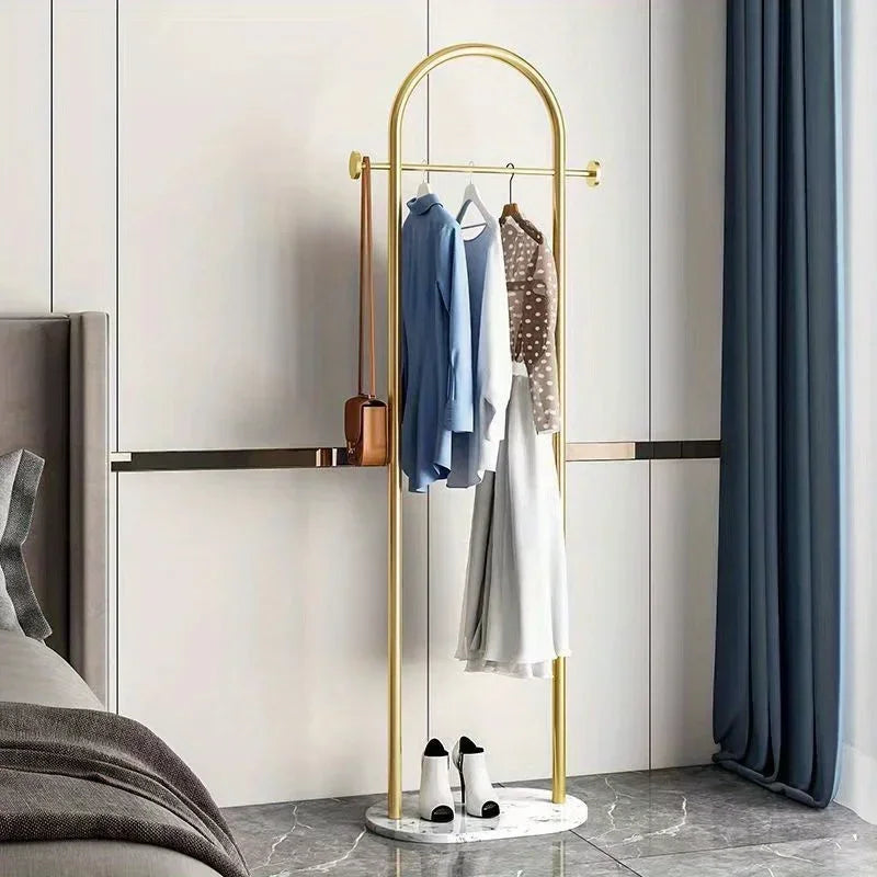 Metal Free Standing Clothes Hanger with Marble Base - Uncharged, Minimalist Bedroom Floor Mount Coat Rack with Storage Shelf