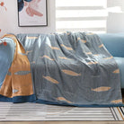 Reversible Cotton Gauze Blanket Lightweight 5-Layer Muslin Throw with Fish Pattern Breathable Soft Bedspread Nautical Home Decor