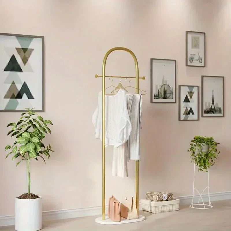 Metal Free Standing Clothes Hanger with Marble Base - Uncharged, Minimalist Bedroom Floor Mount Coat Rack with Storage Shelf