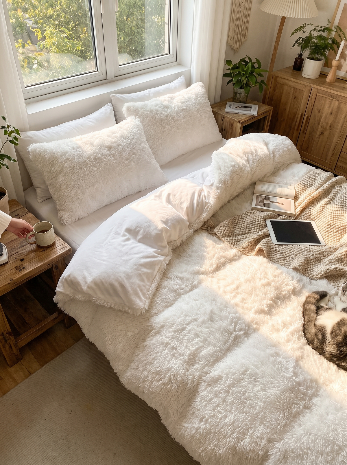 Faux Fur Plush Duvet Cover Set (4 Pcs), Two Textures, One Set