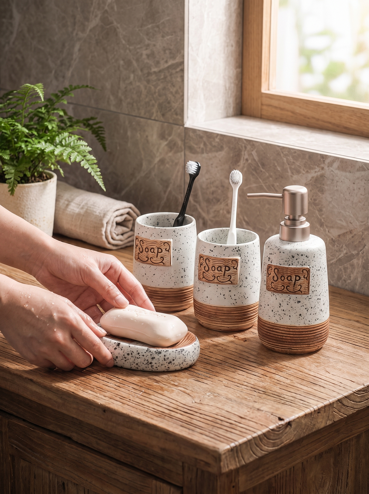 Ceramic Bathroom Accessory Set, Handcrafted Feel, Solid Ceramic