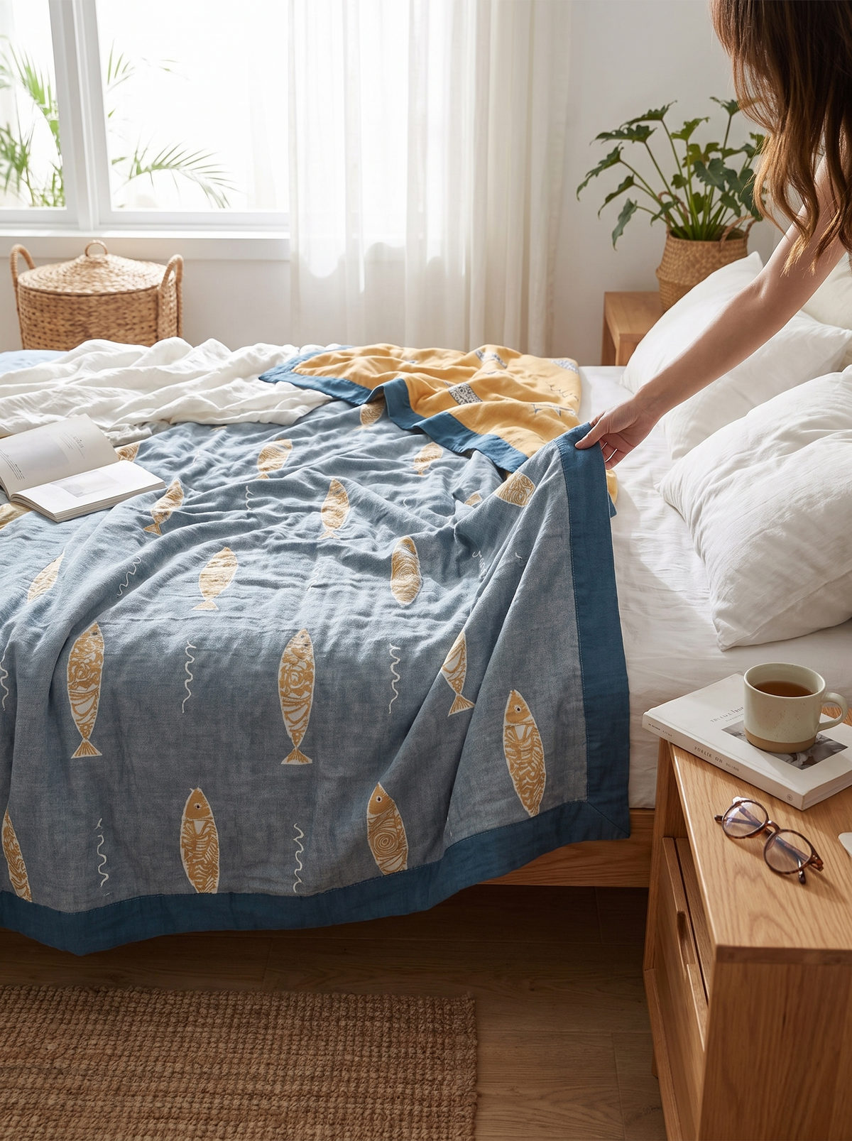 Fish Muslin Throw Blanket, Coastal Charm, Cotton Soft