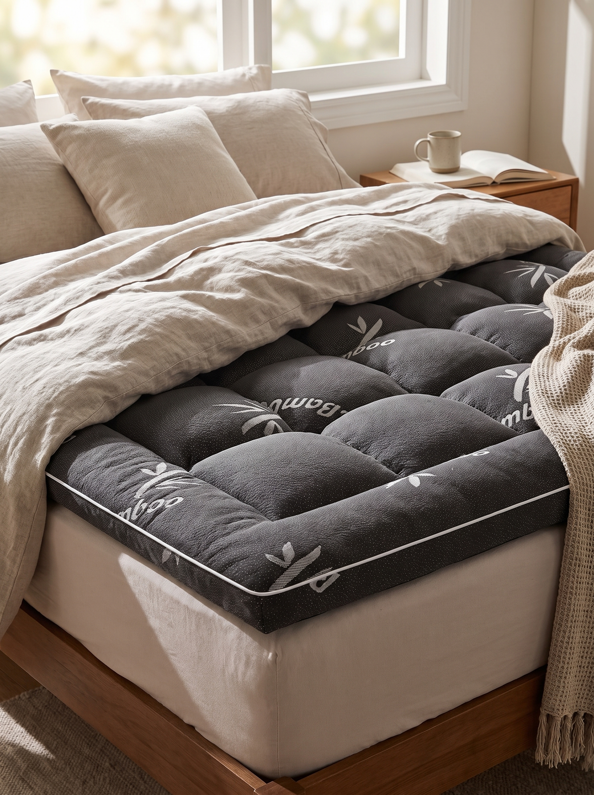 Bamboo Pillow Top Mattress Topper, Stays Put Like A Sheet