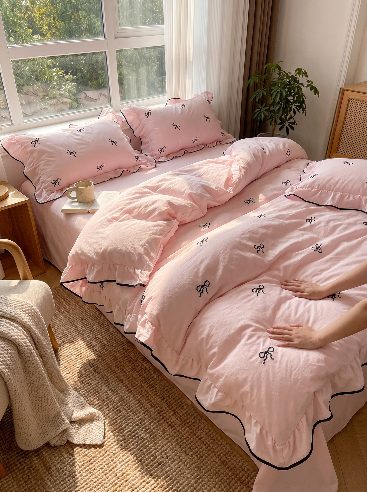 Ruffle Bow Duvet Cover Set (4 Pcs), Soft, Smooth, Breathable